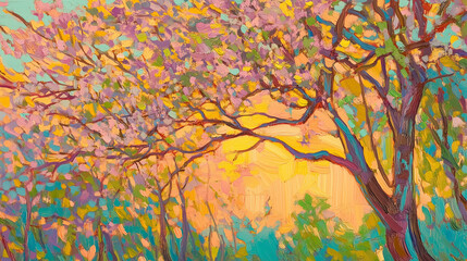 Colorful impressionist spring landscape featuring blooming trees and vibrant hues