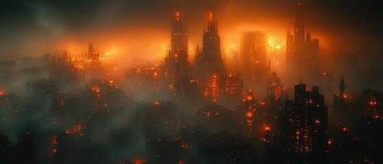 Dystopian cityscape glows orange amidst smoky darkness.