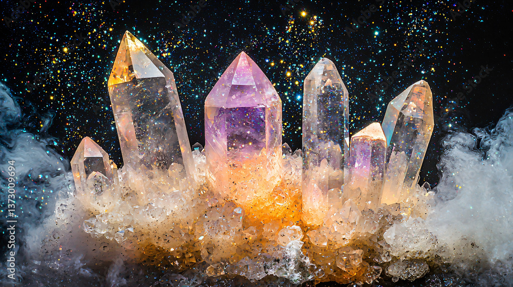 Poster a group of beautifully arranged quartz crystals displaying their unique shapes and sparkling feature