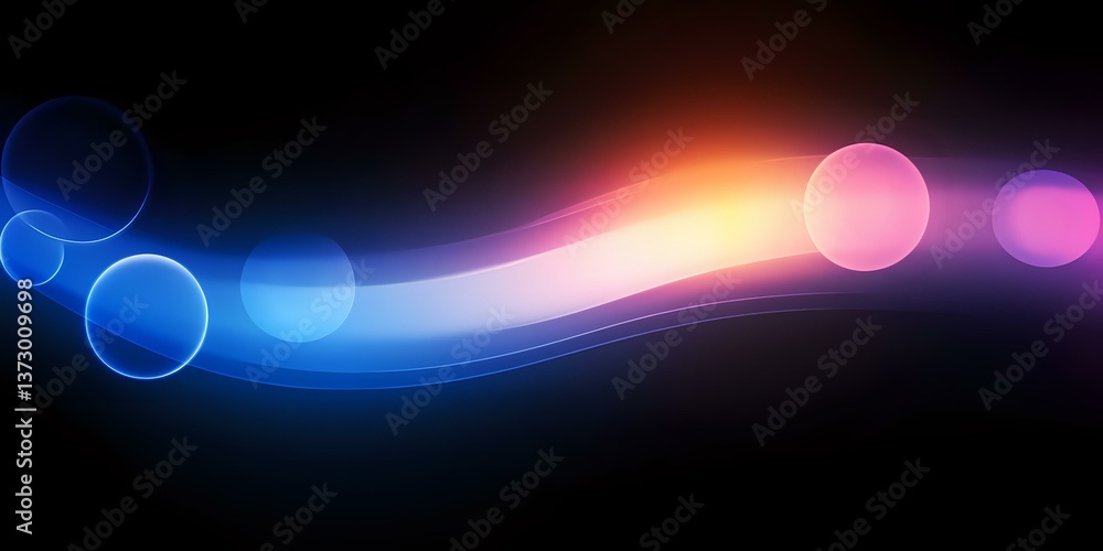 Poster glowing abstract wave with blue and pink bokeh lights on black background creates dynamic motion eff