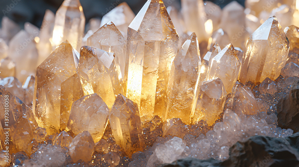 Poster a mesmerizing array of sparkling quartz crystals showcasing their natural beauty and unique formatio