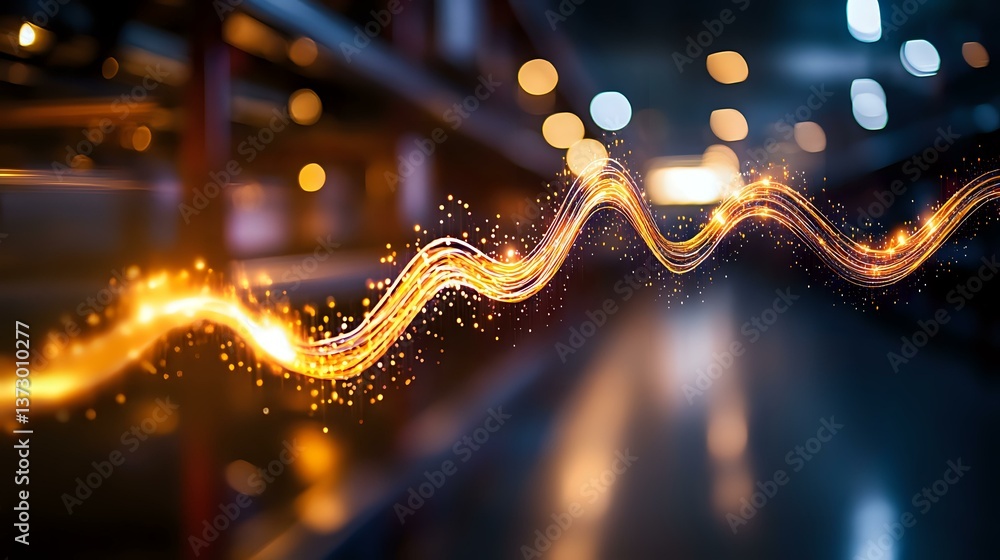 Poster glowing golden light trail with sparkling particles flowing on dark blurred bokeh background, creati