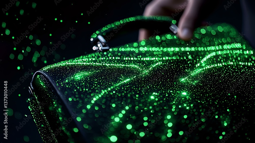 Poster glowing green digital particles flow through dark space creating futuristic technology pattern with 