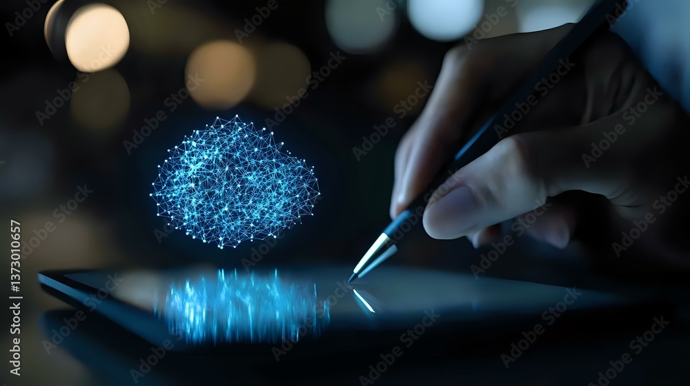Poster digital cloud computing concept with glowing blue particles floating above tablet screen while perso