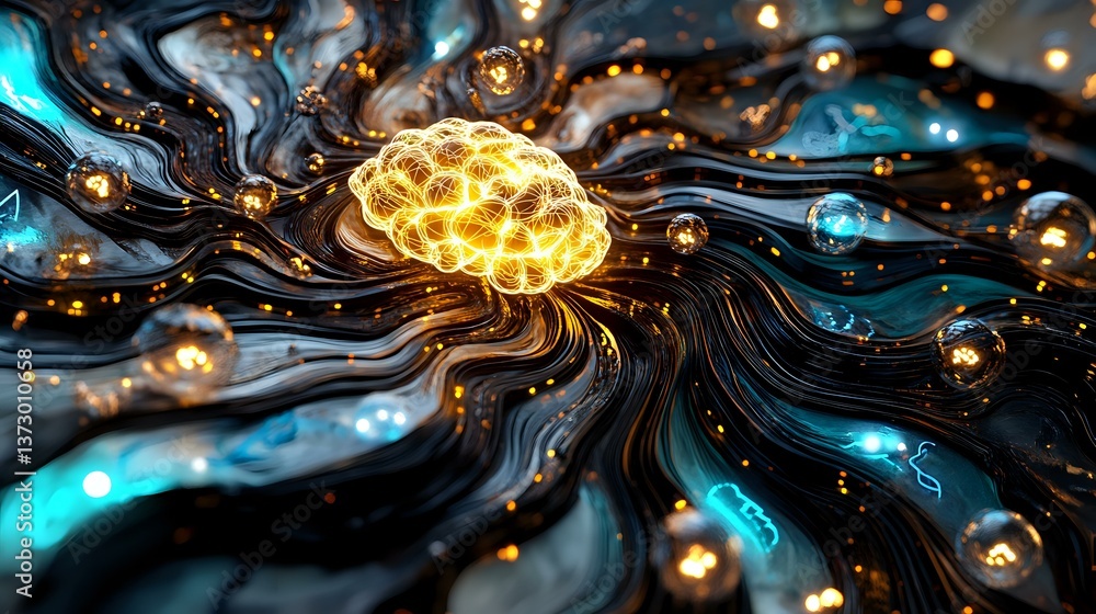 Poster glowing neural network brain on abstract dark background with luminous connections and flowing energ