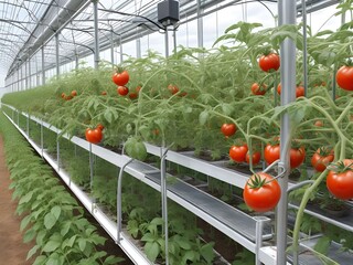 A cheerful delivery woman in vibrant red uniform proudly presents packages, symbolizing efficient and reliable service against a backdrop of a sunny day and planes in the sky.