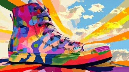 Obraz premium Colorful high-top shoe with abstract pattern against a sky and