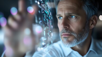 Mature bearded businessman analyzing digital interface with glowing data visualization elements in dark office environment. Futuristic technology concept.