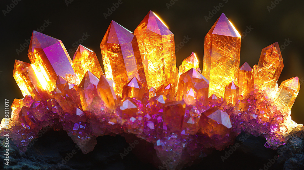 Aufkleber magnificent cluster of crystals captured with backlighting, revealing a dazzling array of colors and