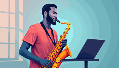 Naklejka premium Man playing saxophone near a laptop, colorful illustration