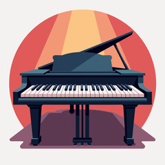 Grand piano with a colorful backdrop and rays of light, vibrant illustration