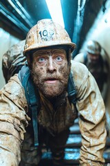 Fototapeta premium Muddy miner climbs onward with determination.