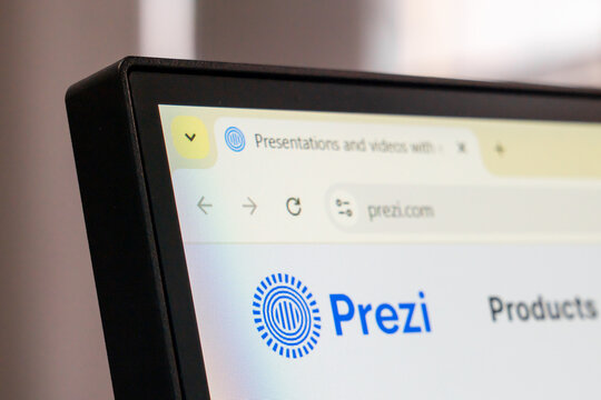 New York, USA - March 30, 2025: Prezi online presentation software homepage displayed on computer screen with logo and navigation interface