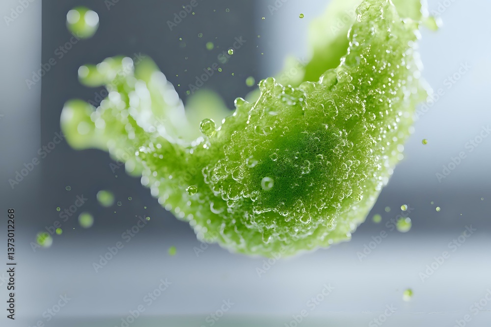 Poster fresh green celery slice splashing through water with droplets and bubbles creating dynamic motion a