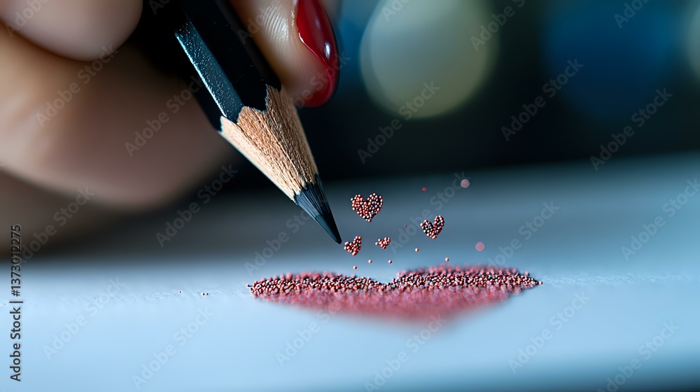 Aufkleber Graphite pencil tip breaking into tiny red crystal fragments scattered on white surface, creating artistic macro photography composition with bokeh background effect.