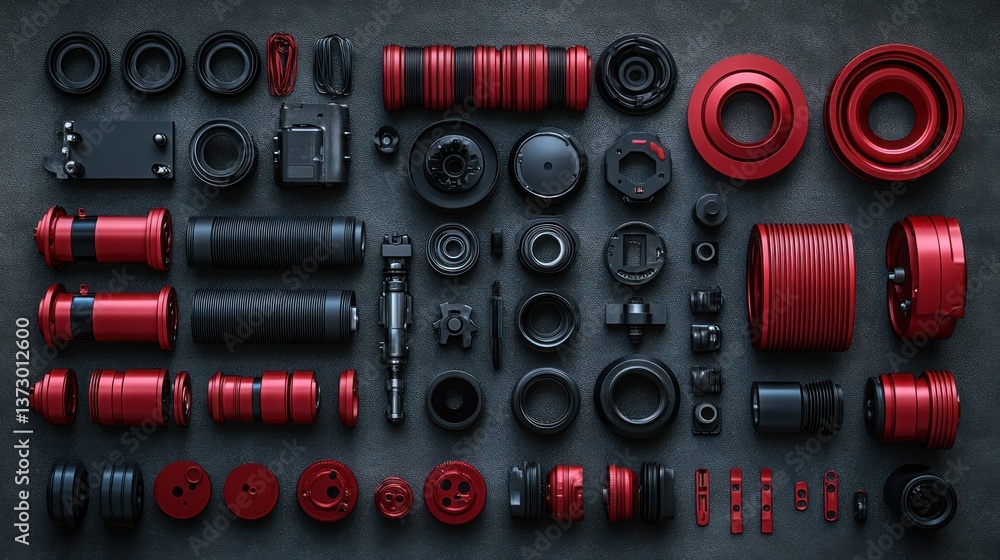 Poster high-tech mechanical components, meticulously arranged in a grid pattern. various parts in dark grey