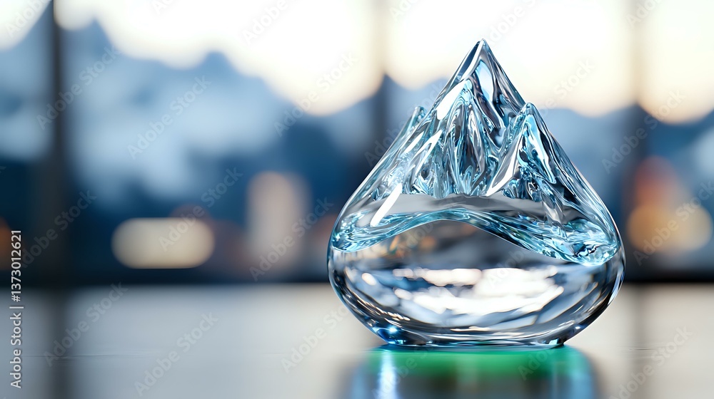 Poster crystal clear water drop shaped like mountain peak reflects light and creates abstract patterns on b
