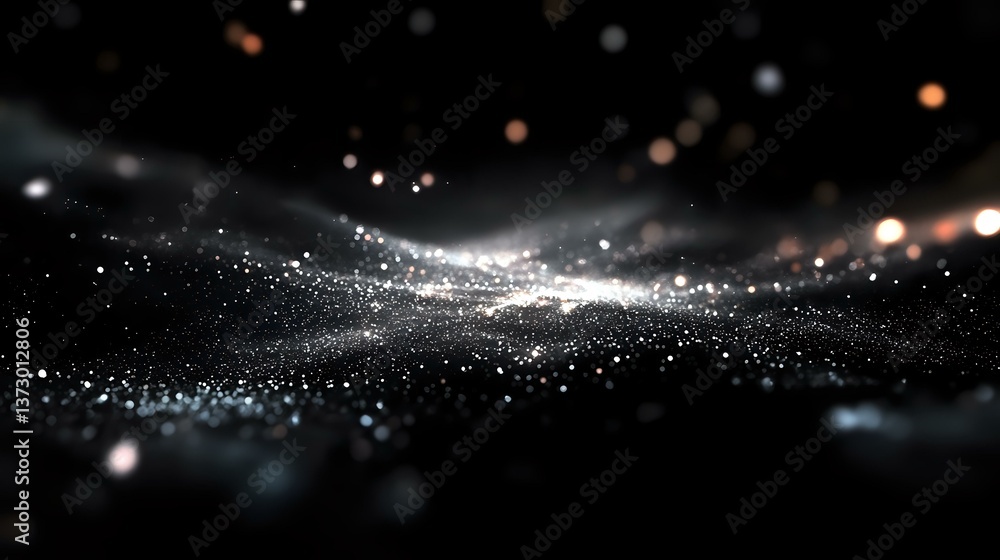 Poster ethereal glowing particles floating in dark space create atmospheric abstract background with bokeh 