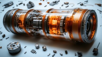 High-tech, transparent cylinder mechanism with intricate inner workings
