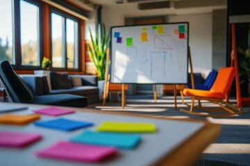 A brainstorming session in a relaxed office with colorful sticky notes on a whiteboard and creative ideas flowing between team members. The room has an inviting, open ambiance.