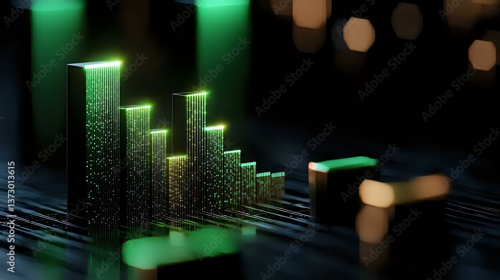 Poster glowing green data visualization bars on dark background with particle effects and bokeh lights show