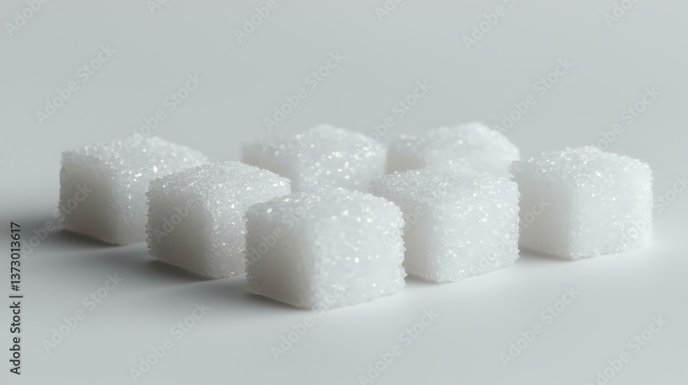 Poster white sugar cubes arranged in rows on plain surface, showing crystalline texture and sparkle under s