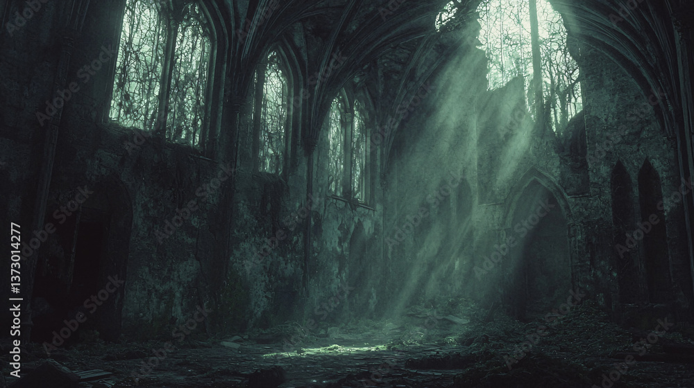 Poster dark enigmatic forest illuminated by a mysterious light streaming down from the ceiling creating an 