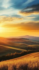 A beautiful scenic landscape of rolling hills under a sunset sky