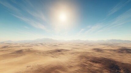 Desert Landscape View Under Bright Sunny Sky with Distant Mountains