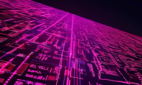 Abstract background with digital squares of data. Animation. Seamless loop motion of pink 3D rows of self written lines of changing code.