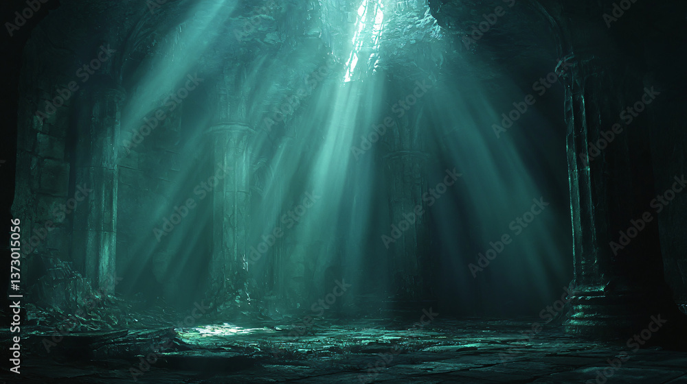 Poster a dark and mysterious cave with natural light streaming through the opening, creating a magical atmo