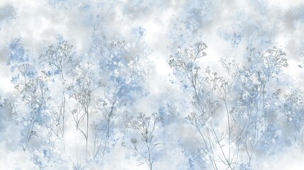   A stunning watercolor depiction of blue and white blooms against a white and blue backdrop, featuring fluffy clouds in the distance