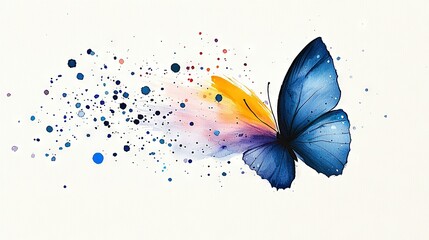   Blue butterfly flying in watercolor with multicolored spots on wings