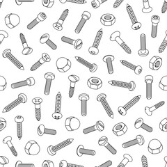 Seamless Pattern of Screws, Bolts and Nuts in Outline Style Over White Background