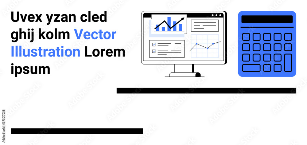 Poster computer screen displaying graphs and charts next to a large calculator. ideal for finance, accounti