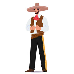 Mexican macho man cartoon character wearing national clothes and sombrero hat isolated on white