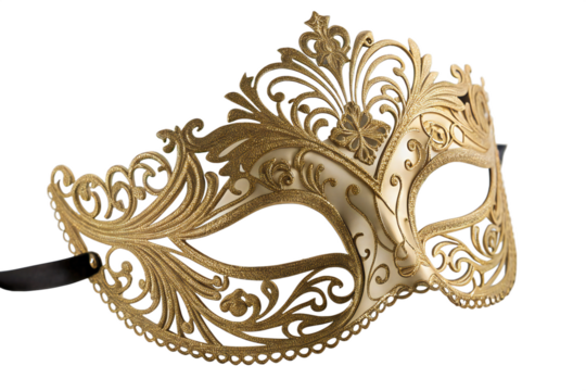 A gold mask featuring intricate gold accents, showcasing an elegant and artistic design