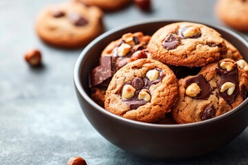 Soft and warm chocolate chip cookies are nestled in a dark bowl on a rustic tabletop. The cookies feature chunks of chocolate and bits of hazelnuts, adding a delightful crunch