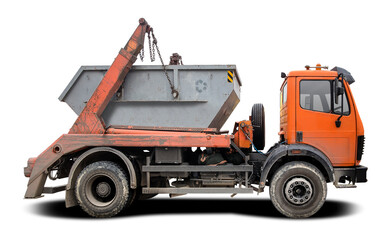 Industrial Waste Dumpster Truck side view isolated on transparent background. PNG
