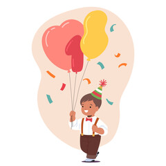 Little baby boy cute gentleman cartoon character with colorful balloons celebrating first birthday