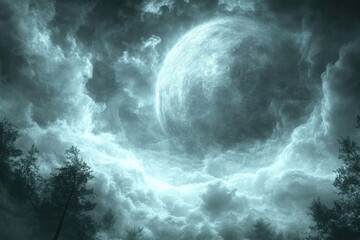 A large moon surrounded by dramatic and billowing clouds in the night sky