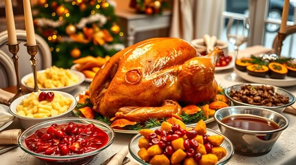 A traditional Thanksgiving dinner spread with a golden roasted turkey, mashed potatoes, cranberry sauce, stuffing, and gravy, set on a beautifully decorated holiday table.
