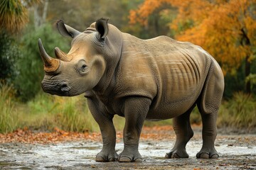 Obraz premium A large rhinoceros stands proudly in a natural outdoor environment