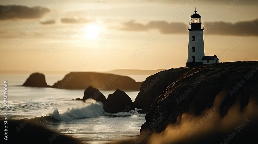 Wall mural a lighthouse perched atop a cliff overlooking the ocean with waves splashing against its base