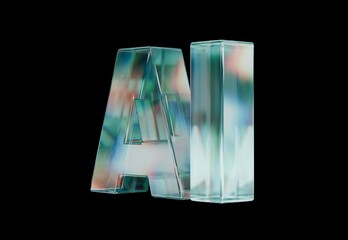Artificial Intelligence blue dispersed glass 3D render on a black background, isolated.