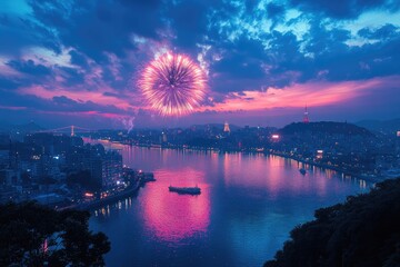 A large vibrant firework illuminates a beautiful evening cityscape scene