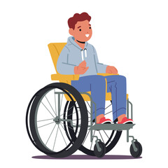 Positive preteen boy inclusive child cartoon character in wheelchair isolated on white background
