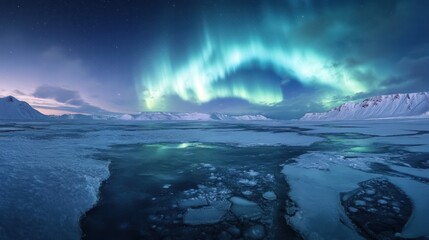 Spectacular Aurora Borealis Display Over Frozen Landscape with Icy Reflections