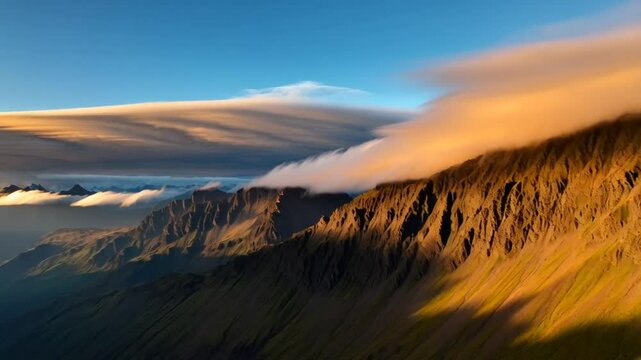 A breathtaking mountain landscape with clouds dancing over the peaks, basking in the warm glow of sunrise. The rugged terrain is etched with shadows and bathed in golden light