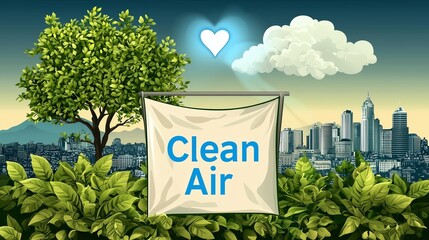 Clean air message with urban skyline, trees, and clouds in vibrant colors.